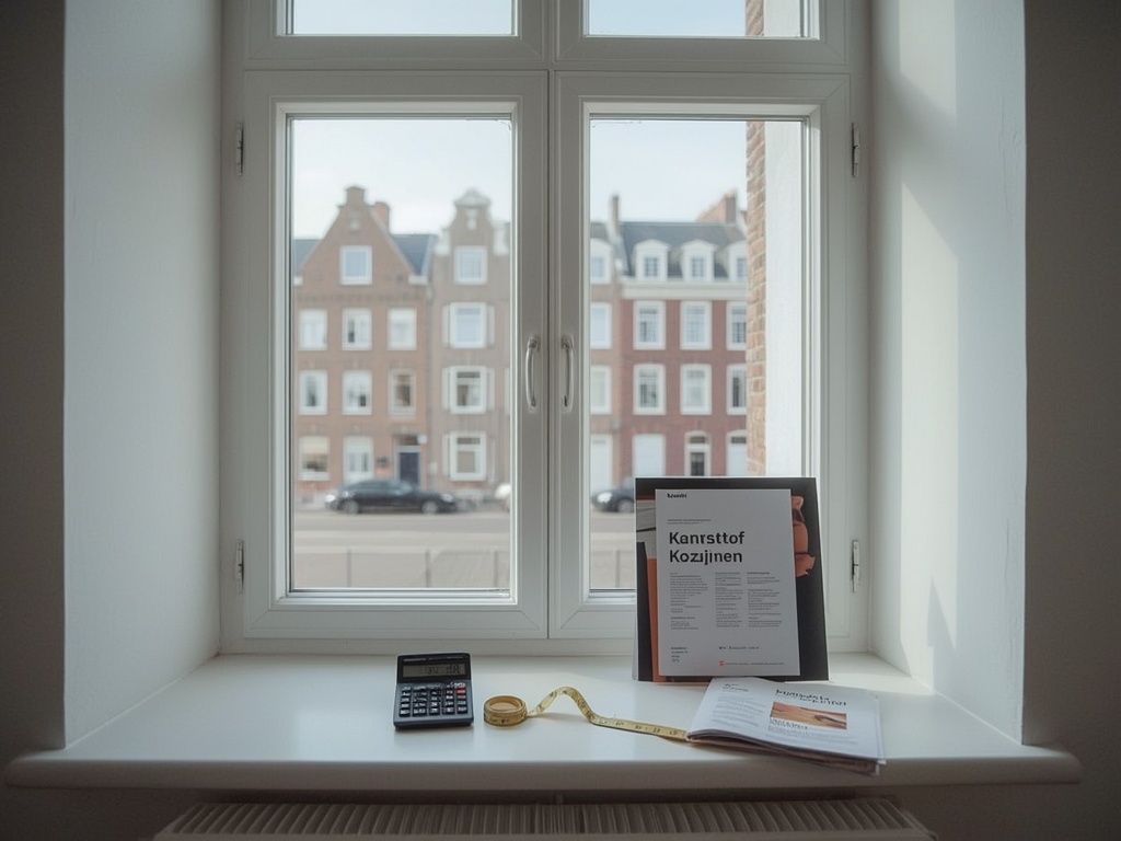 Sfeervol interieur met open kunststof kozijn en rekenmachine op de vensterbank.
