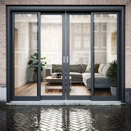 Antraciet kunststof schuifpui met drie panelen en uitzicht op Amsterdamse gracht en tuin.