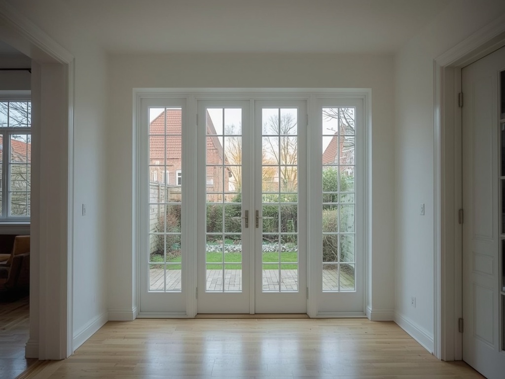 Binnenaanzicht naar witte kunststof achterdeur met glaspanelen en tuinlicht.