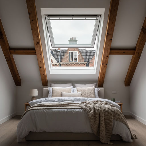 Open wit kunststof dakraam in Amsterdamse zolderkamer met daglicht en houten balken.