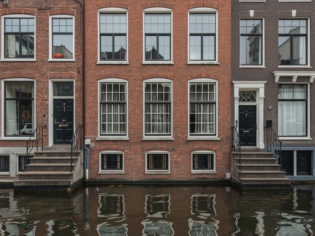 Amsterdam grachtenpand met nieuwe witte kunststof kozijnen en reflecties in het water.