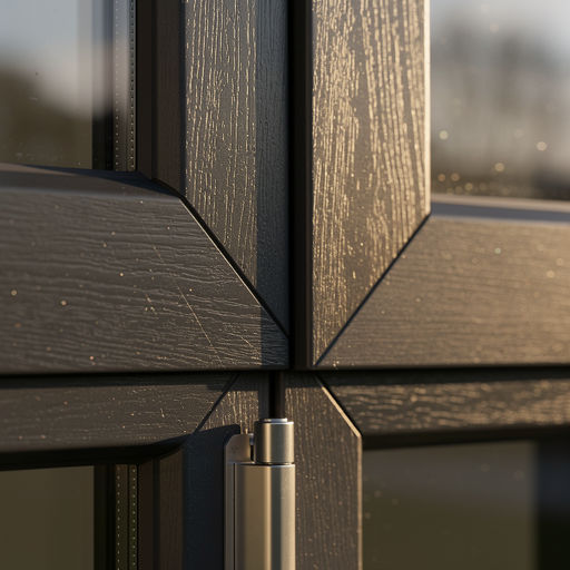Close-up van antraciet kunststof kozijn met houtlook en afdichting.