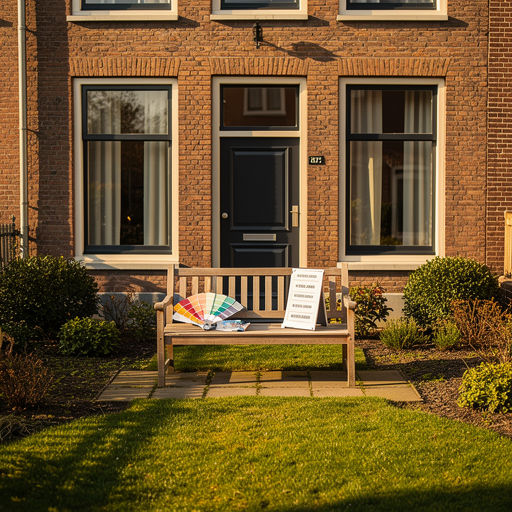 Achtergevel van Amsterdamse woning met anthraciet kozijnen en kleurstalen en meetlat op een tuinbank.