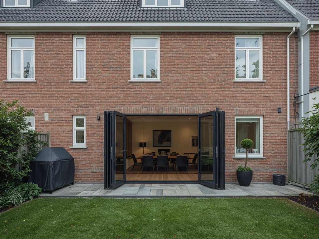 Antraciet kunststof openslaande deuren open naar zonnig terras en tuin.
