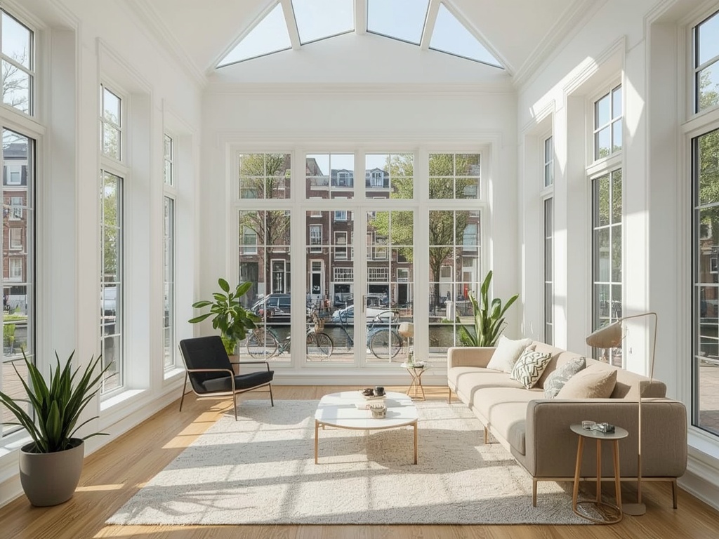 Lichte woonkamer met grote witte kunststof kozijnen en zicht naar de Amsterdamse gracht.