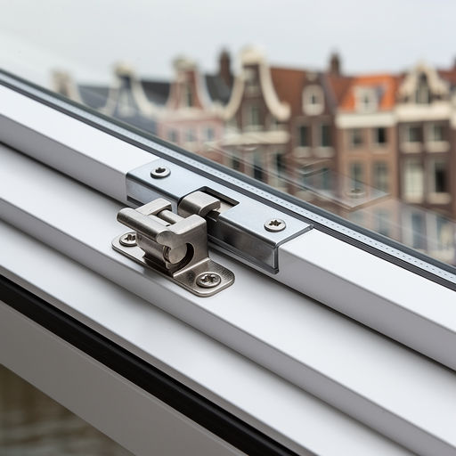 Close-up van wit kunststof dakraam frame en sluiting met reflectie van Amsterdamse skyline.
