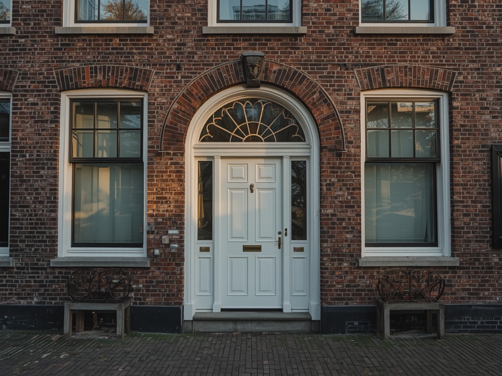 Witte kunststof voordeur in Amsterdamse bakstenen gevel bij goudkleurig avondlicht.