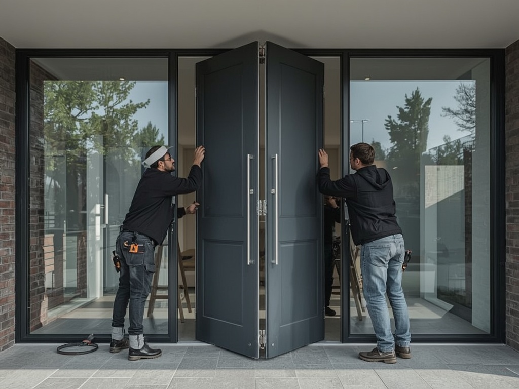 Twee monteurs installeren een vierdelige kunststof schuifpui in een modern huis.