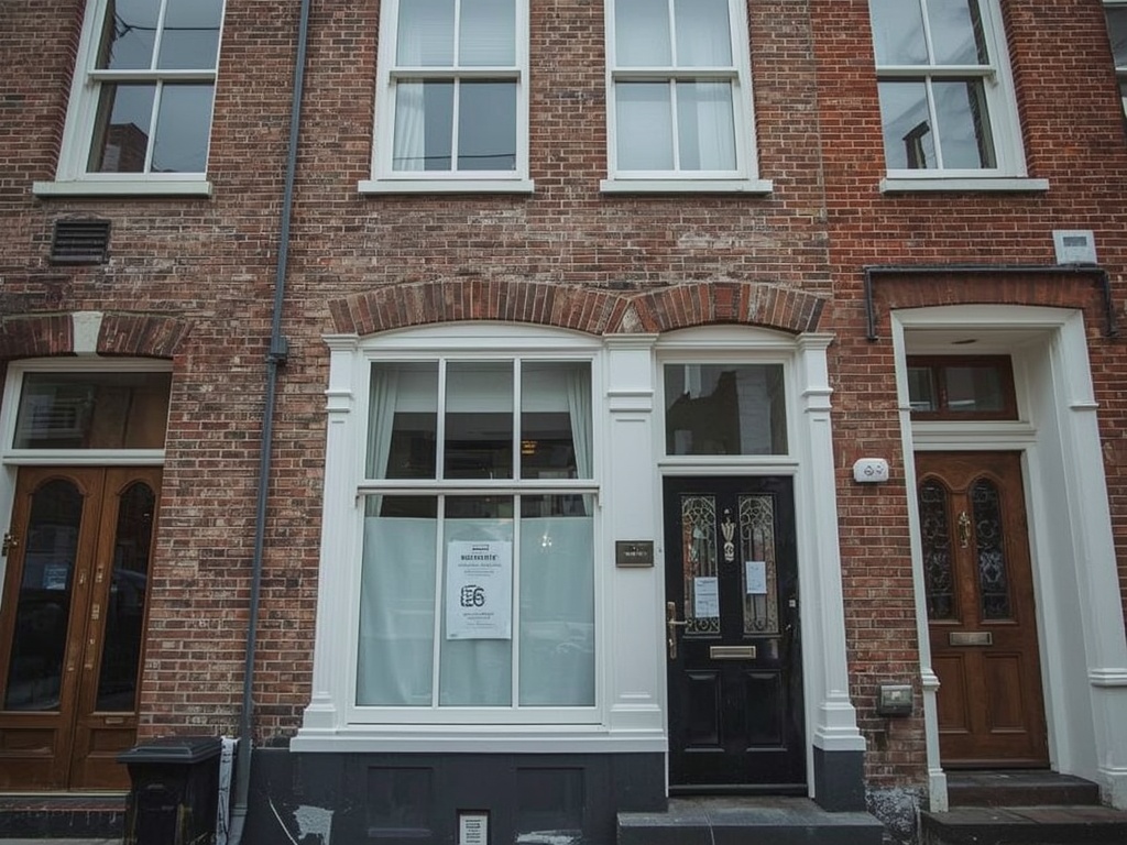 Straatbeeld van een Amsterdamse rijtjeswoning met nieuwe witte kunststof kozijnen en een prijsindicatie op het raam.