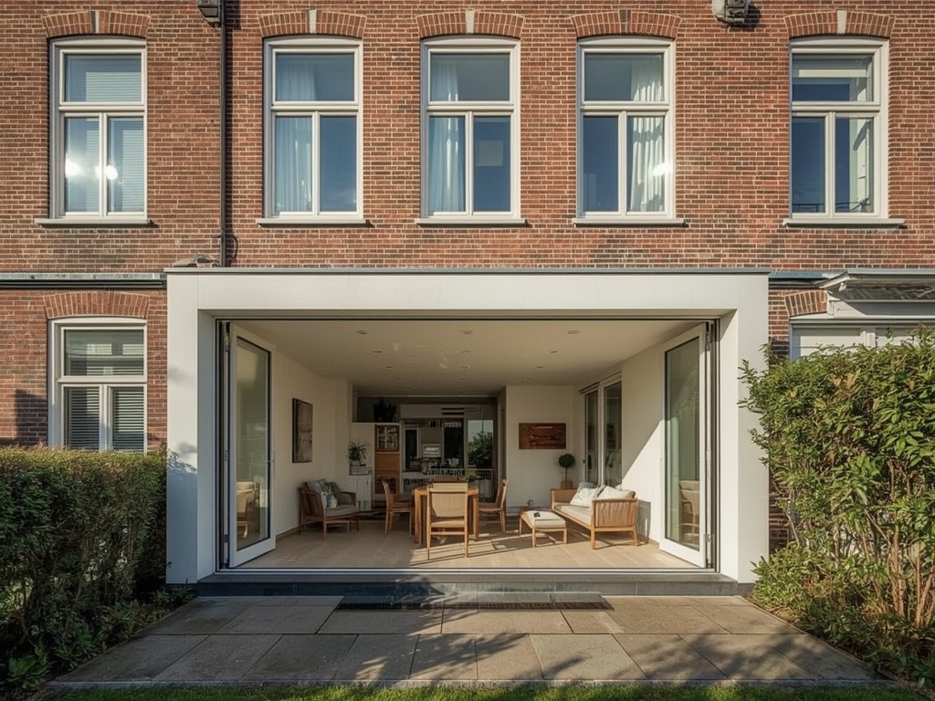 Witte kunststof schuifpui twee delen open naar zonnig terras.