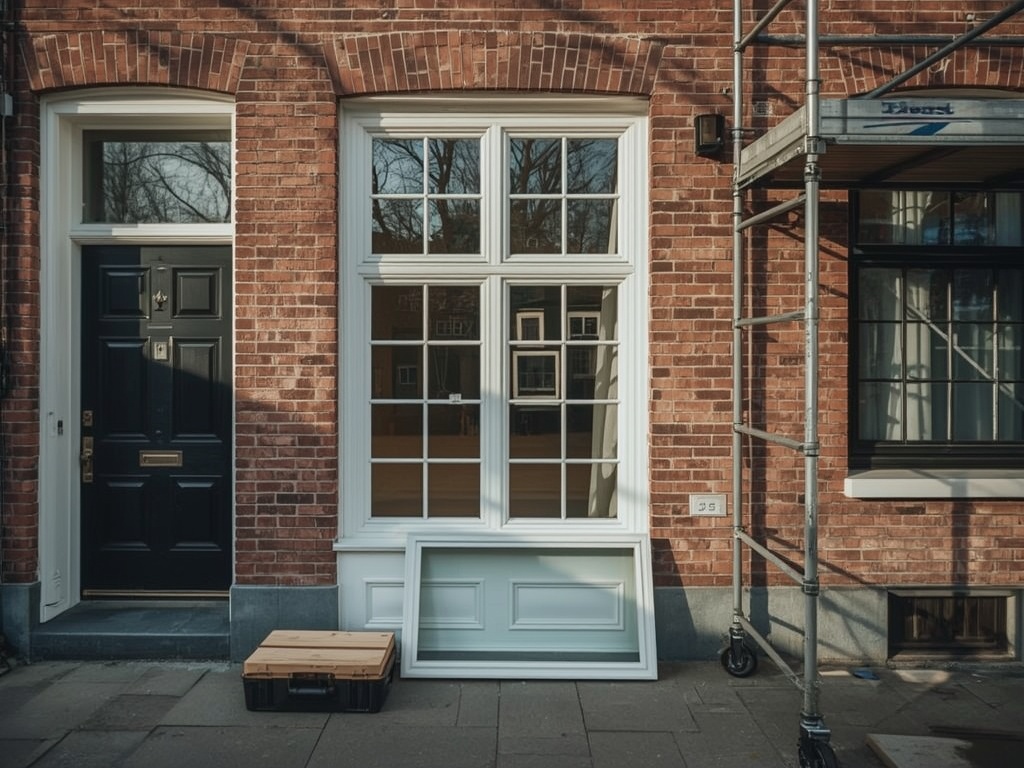 Nieuw kunststof kozijn gereed voor plaatsing naast gereedschap en steiger.