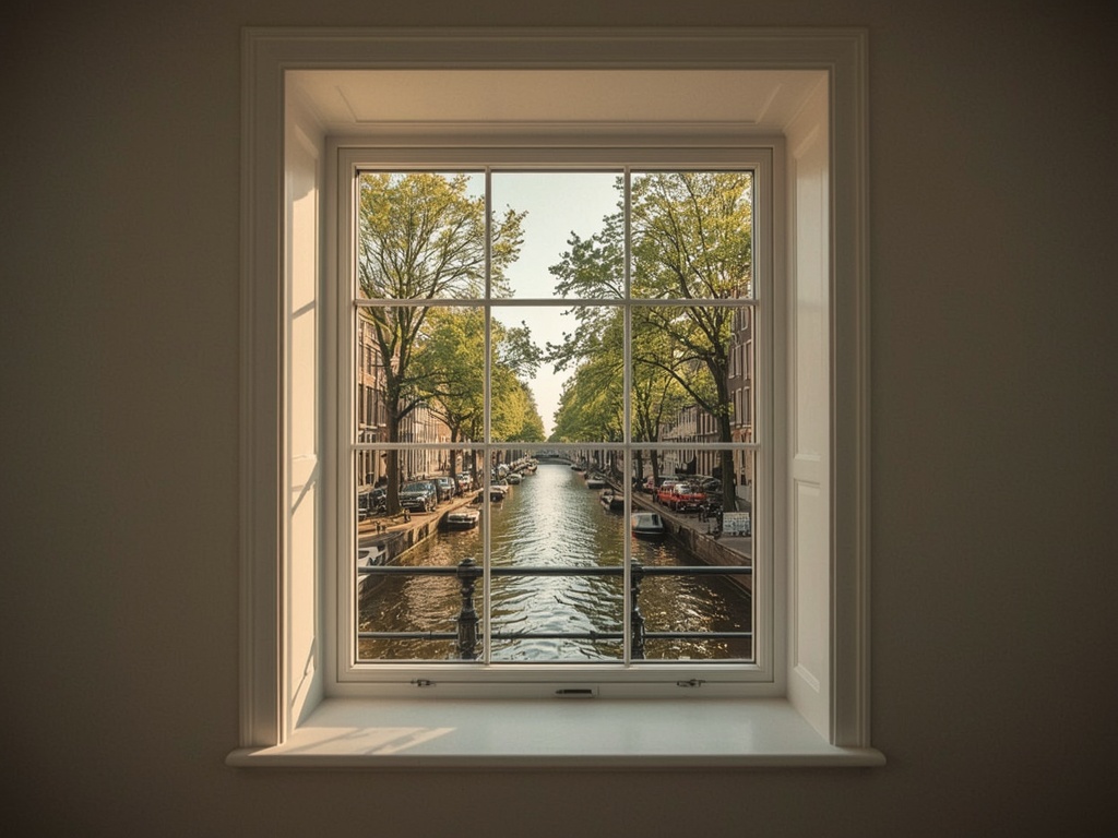 zicht vanuit een Volendammer woonkamer door een kunststof kozijn op de haven met botters
