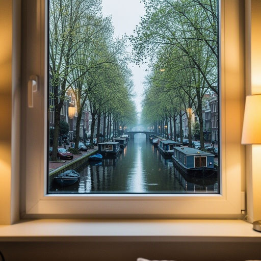 blik vanuit woonkamer in Haarlem door wit kunststof raamkozijn naar de gracht met boten