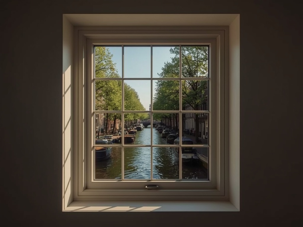 blik vanuit woonkamer in Amsterdam door wit kunststof raamkozijn naar een gracht met woonboten