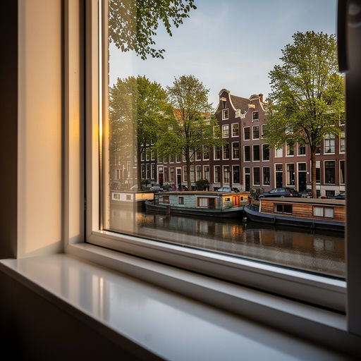 blik vanuit Amsterdamse woning door wit kunststof raamkozijn naar een gracht met woonboten