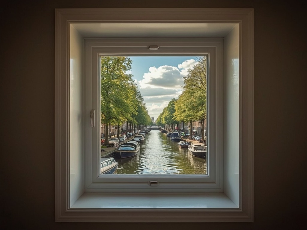 Zicht uit een Bloemendaalse serre door een strak wit kunststof deurkozijn op een groene, beschutte tuin