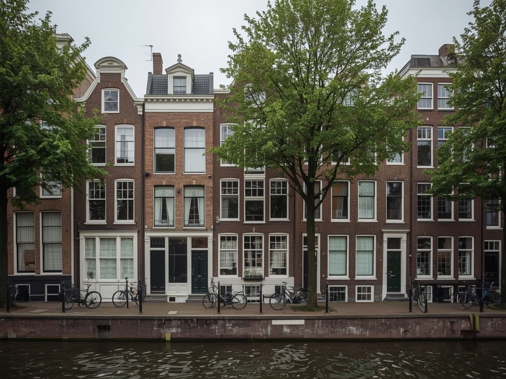 rij grachtenpanden in Amsterdam met witte kunststof kozijnen aan de voorgevel