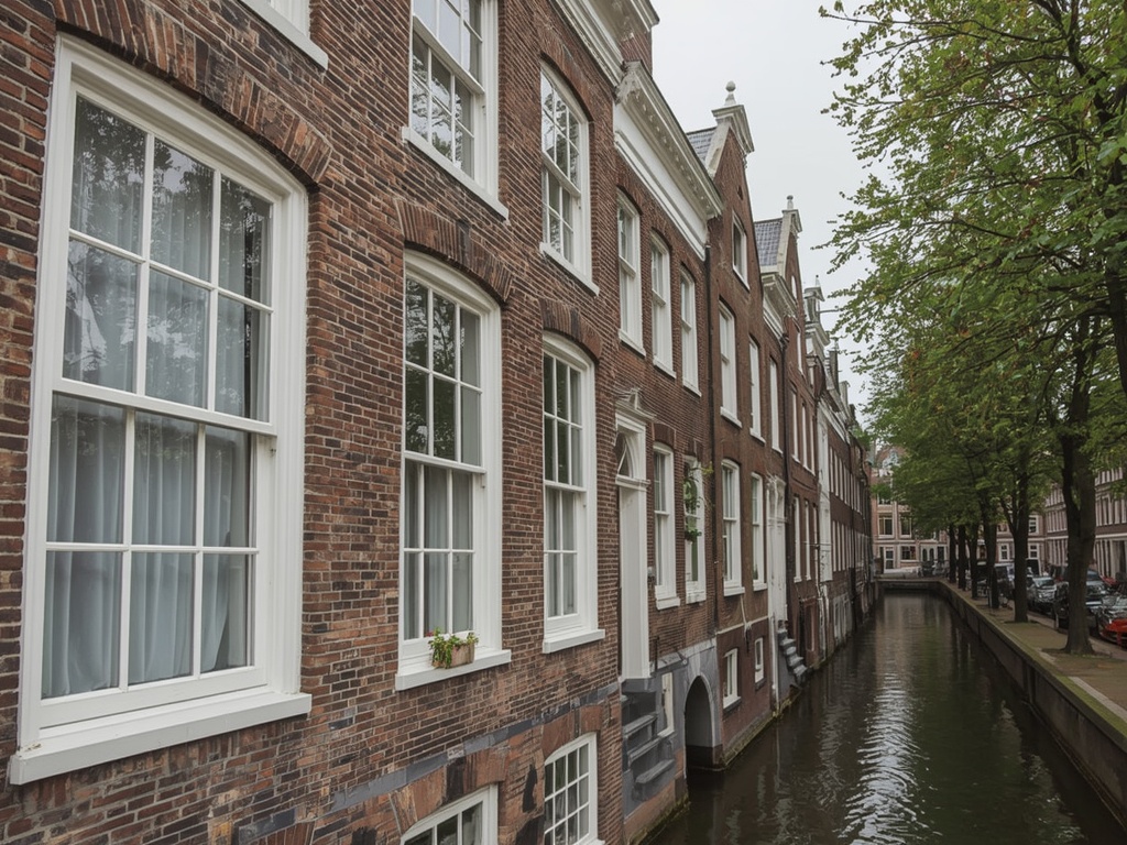 rij grachtenpanden in Amsterdam met witte kunststof kozijnen aan de voorgevel