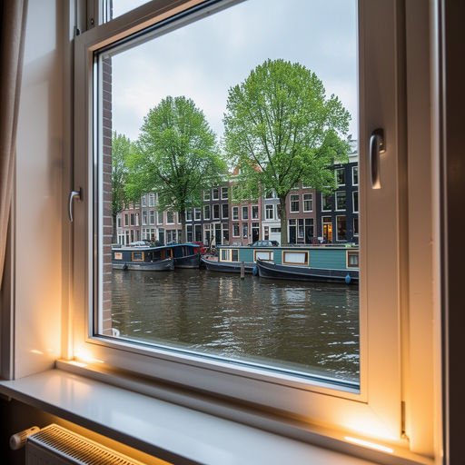 zicht vanuit een appartement aan de boulevard in Zandvoort door grijs kunststof schuifpui naar de Noordzee