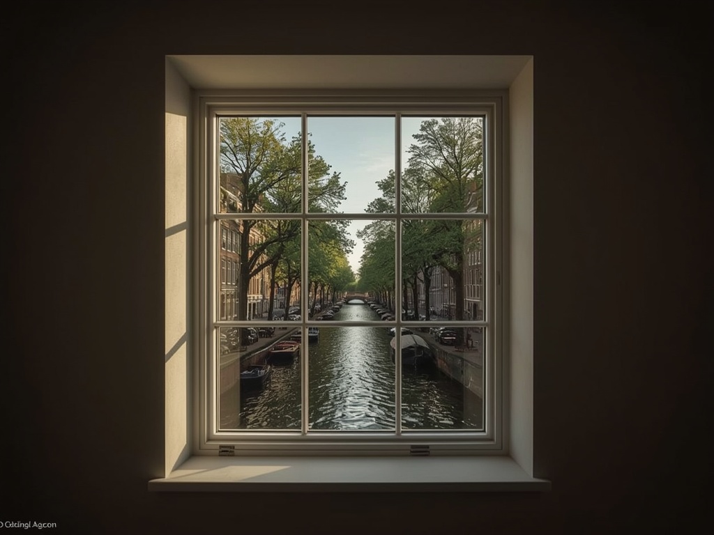 Licht interieur in Abcoude met uitzicht door een breed kunststof kozijn op het water van de Angstel