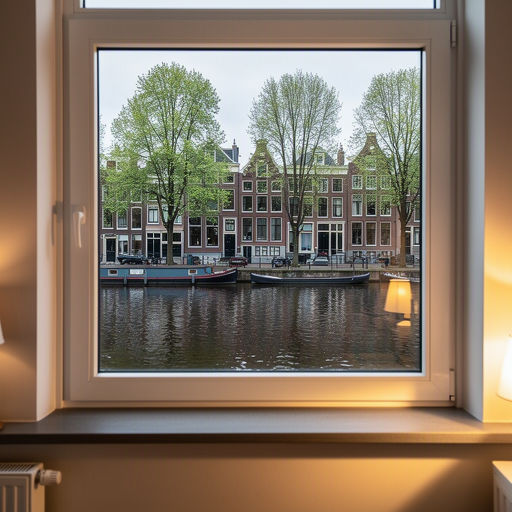 blik vanuit woonkamer in Amsterdam door wit kunststof raamkozijn naar een gracht met woonboten