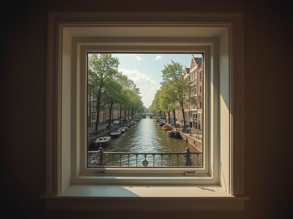 blik vanuit woonkamer in Zaandam door wit kunststof raamkozijn naar de Zaan met een zeilboot