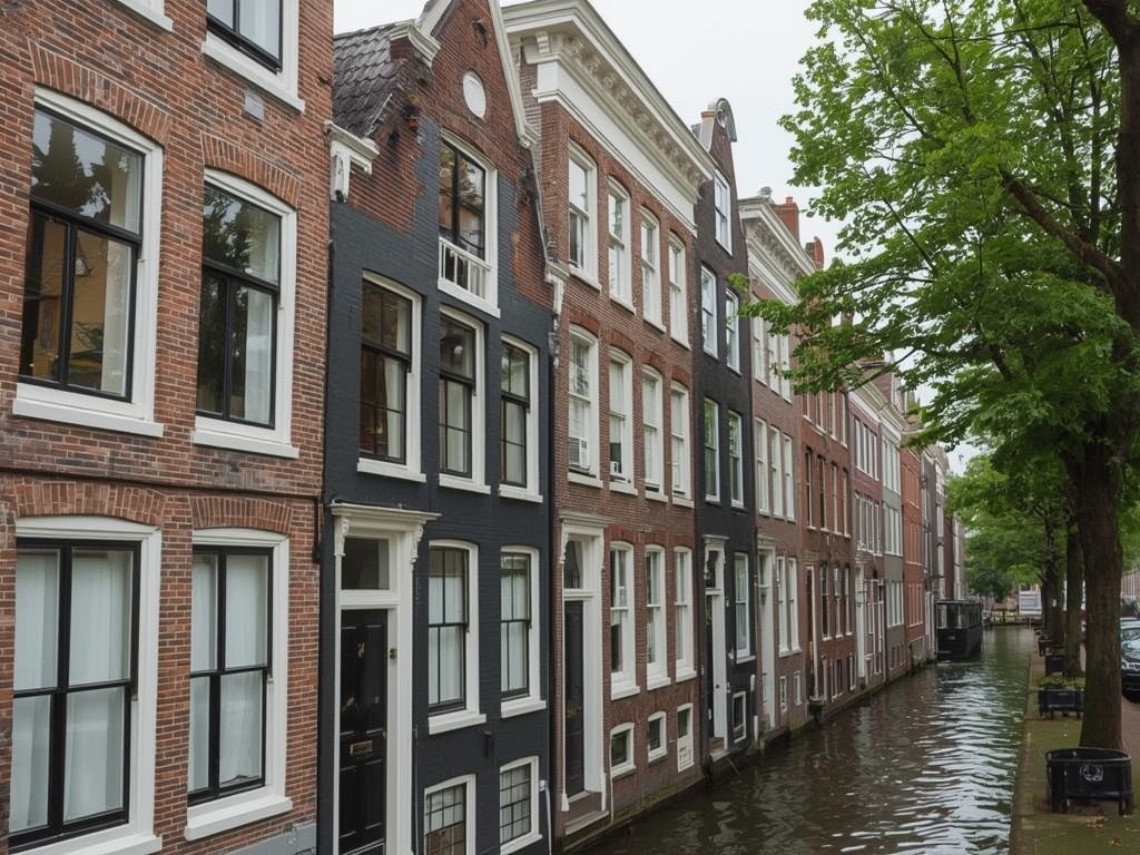 rij Zaanse houten huisjes met witte kunststof kozijnen aan de voorgevel in Zaandam