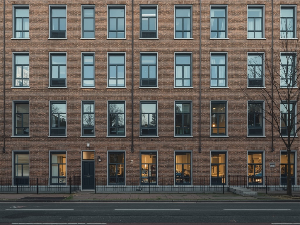 rijtjeshuis in Almere Buiten met crèmekleurige kunststof kozijnen en traditioneel metselwerk