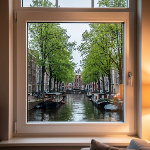 blik vanuit woonkamer in Landsmeer door wit kunststof raamkozijn naar het water van de Breek