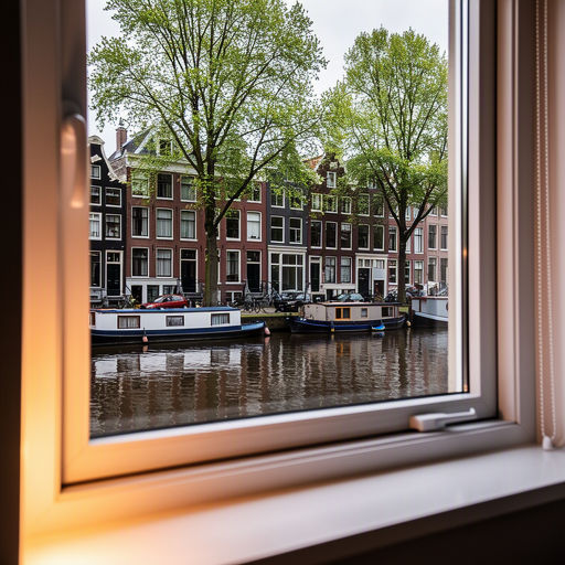 blik vanuit woonkamer in Amsterdam door wit kunststof raamkozijn naar een gracht met woonboten