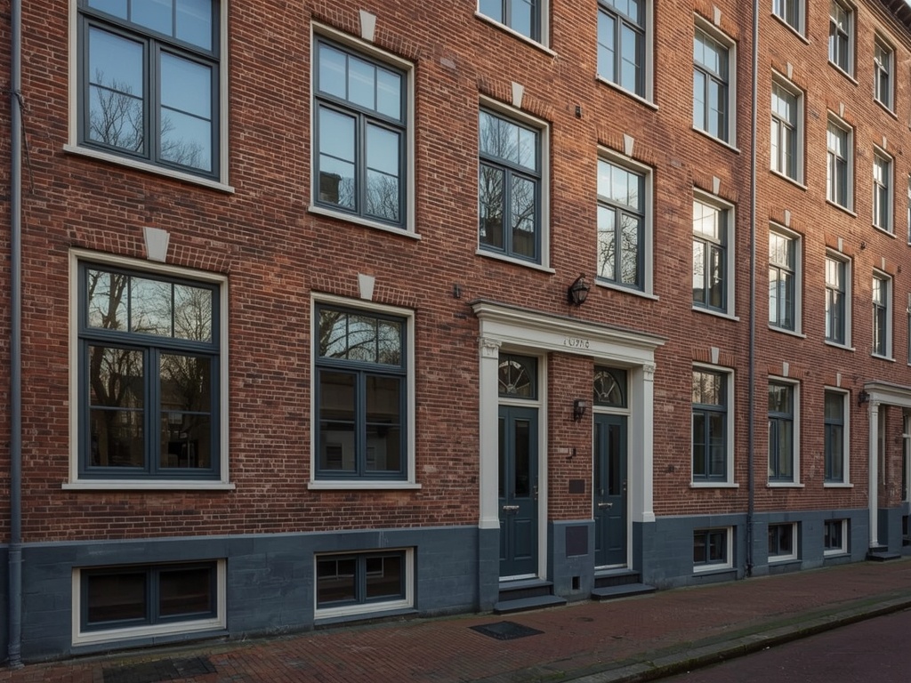 Amsterdamse School portiekwoning met antraciet grijze kunststof kozijnen en siermetselwerk
