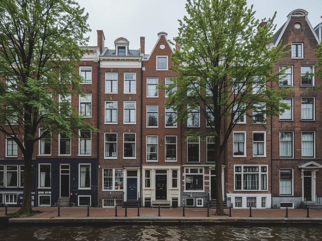 rij grachtenpanden in Amsterdam met witte kunststof kozijnen aan de voorgevel