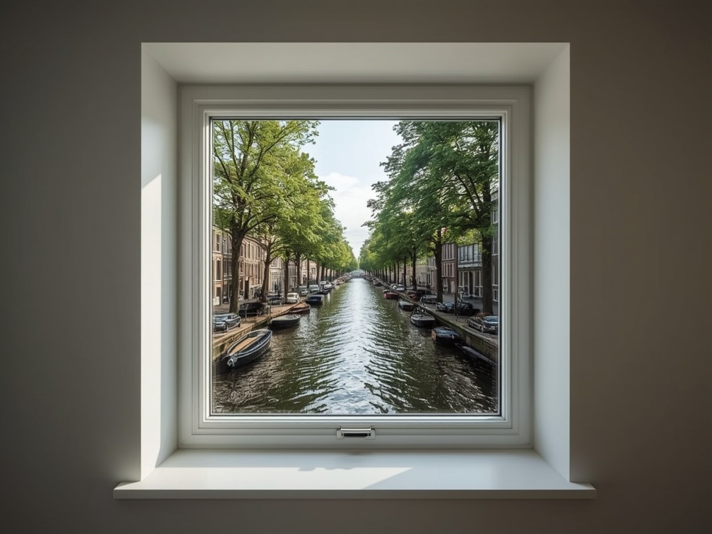 Uitzicht vanuit een moderne woonkamer in Heemskerk door een groot kunststof schuifpui op een beschutte tuin met gazon en borders