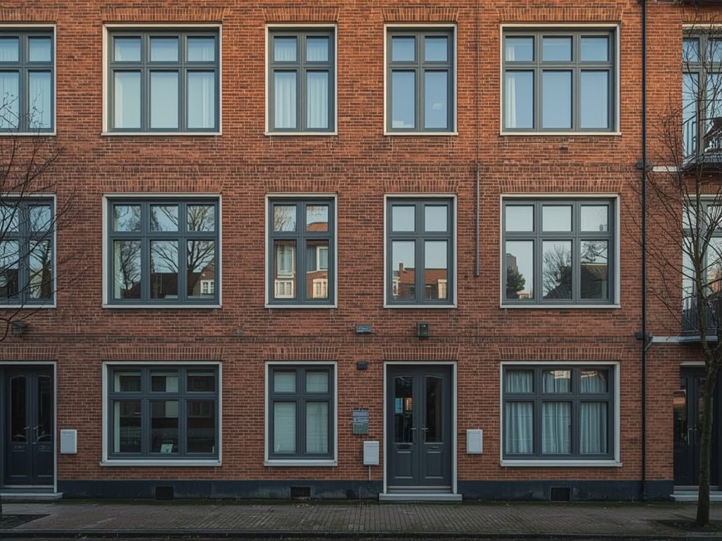 Amsterdamse School portiekwoning met antraciet grijze kunststof kozijnen en siermetselwerk