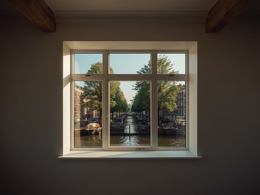 Lichte woonkamer in een typisch Monnickendams pand met weids uitzicht over de Gouwzee door een strak wit kunststof kozijn