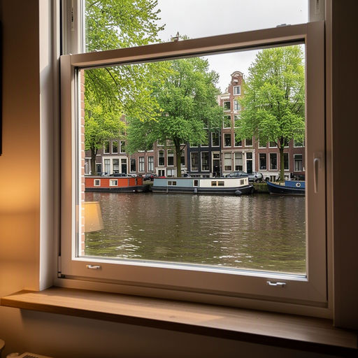 blik vanuit woonkamer in Weesp door wit kunststof raamkozijn naar de Vecht met pleziervaart