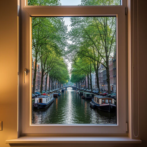 Uitzicht vanuit een woonkamer in Hoofddorp via een groot kunststof schuifpui naar de groene achtertuin