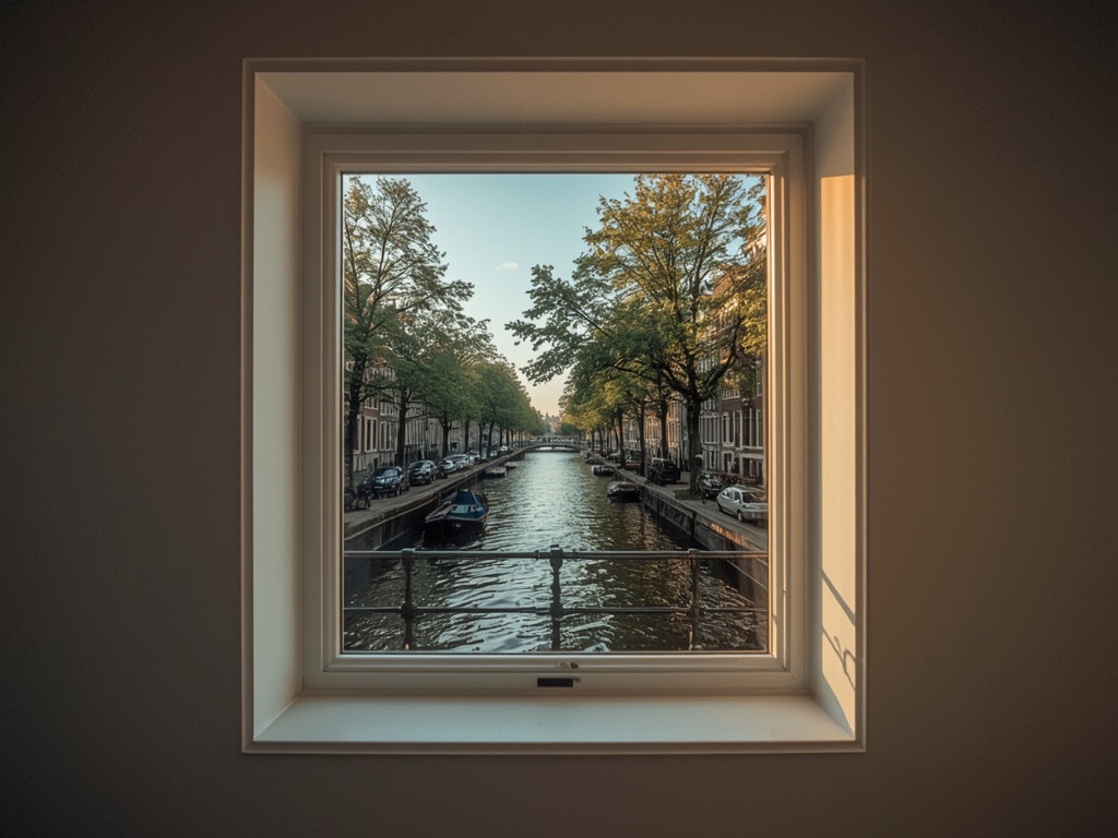 zicht vanuit een Krommenieër woonkamer door een groot kunststof raamkozijn naar het typische lintdorp straatbeeld met oude gevels