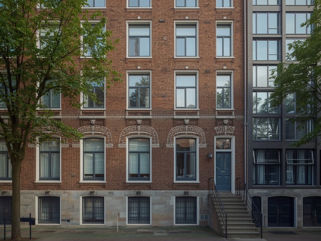 Karakteristiek woonhuis in het oude centrum van Monnickendam met antraciet grijze kunststof kozijnen en gemetselde gevelbanden